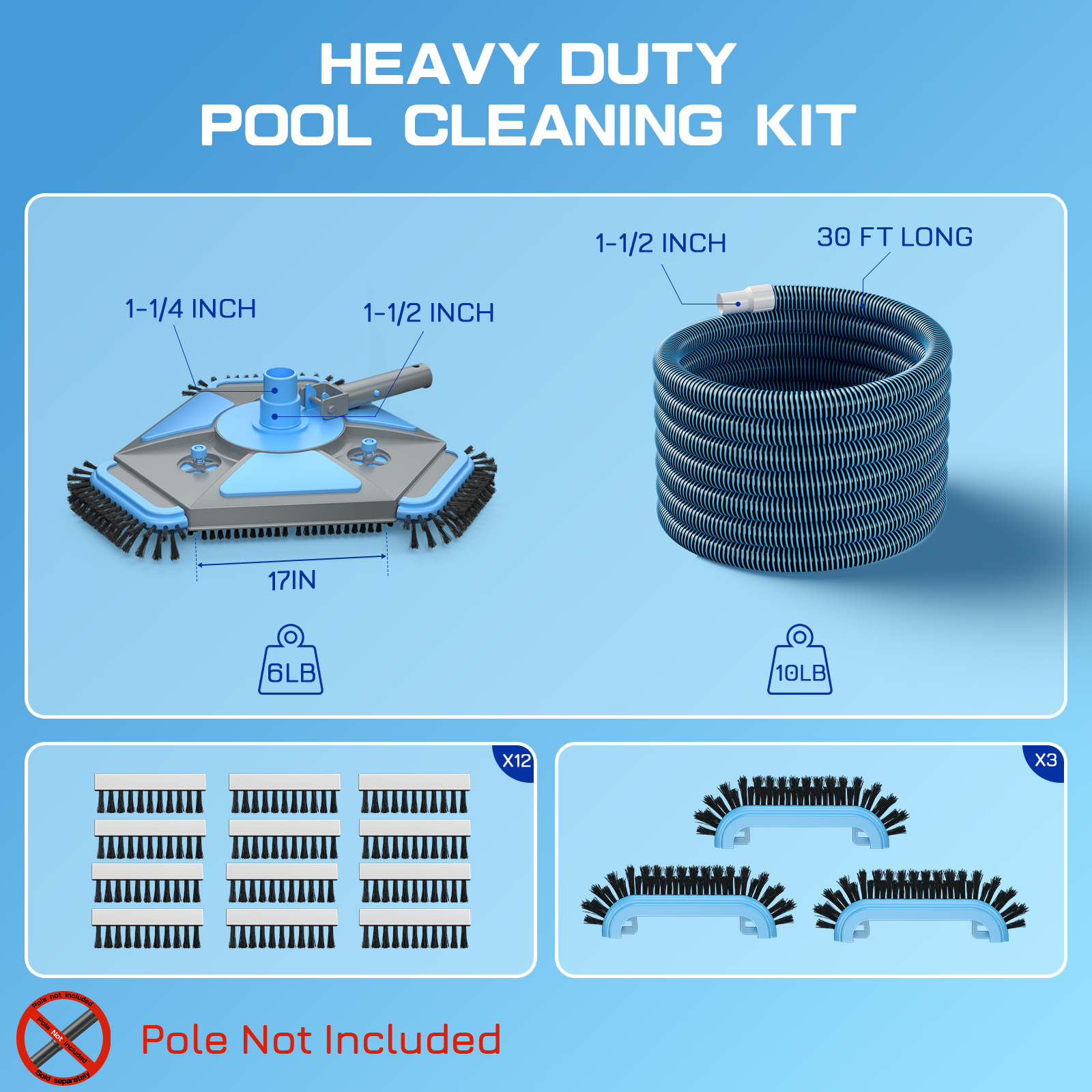 UIRWAY Upgrade Pool Vacuum Head with Side Brush & 360° Swivel Cuff, Heavy Duty Manual Kink-Resistant 1-1/2" x 30 Ft Vacuum Hoses, Weighted Triangular Shape for Inground & Above Ground Pool(No Pole)